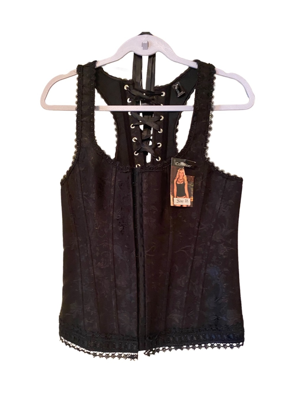 IC COLLECTION Black Lace-Up Floral Jacquard Corset Tank